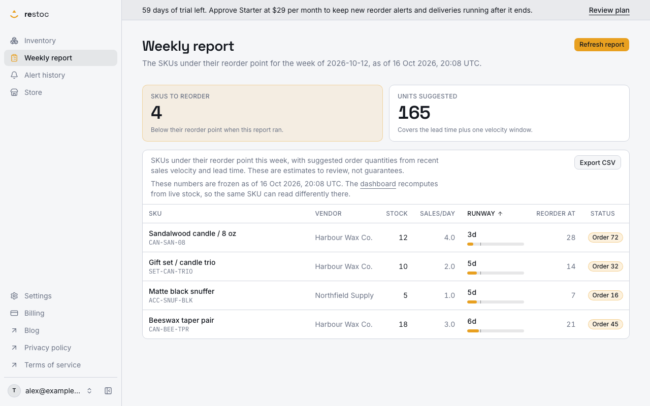 Restoc: Every SKU carries its Shopify vendor, read on each sync